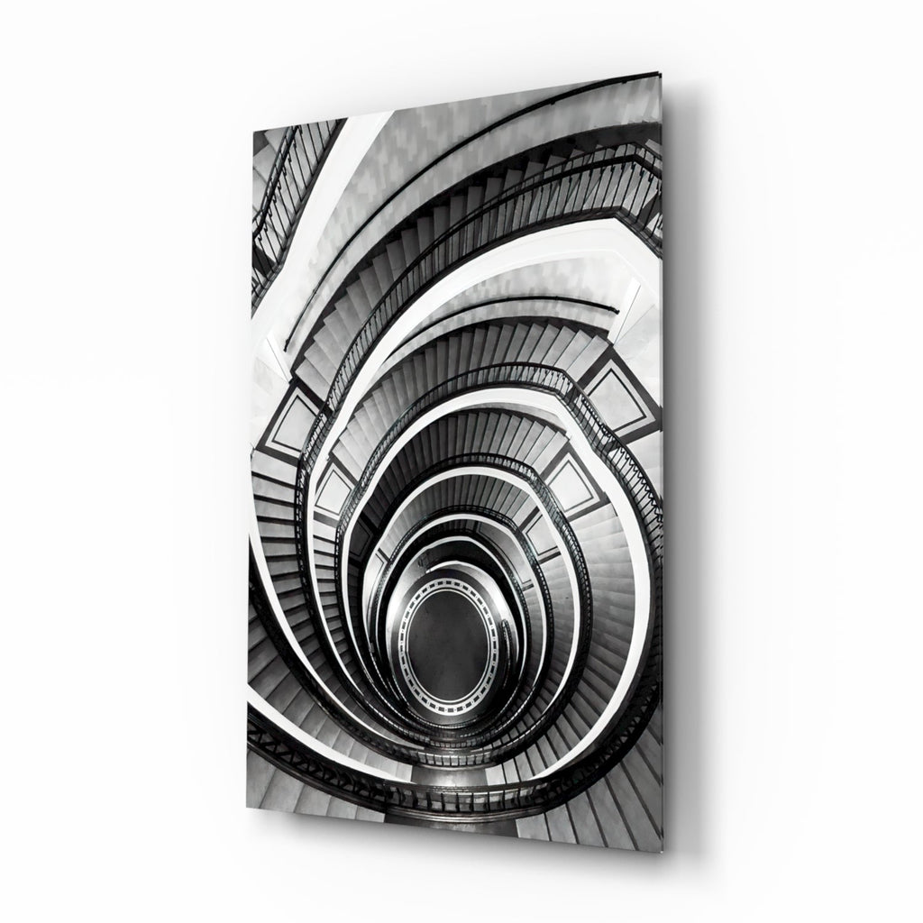 Monochrome Spiral Staircase From Above Glass Wall Art