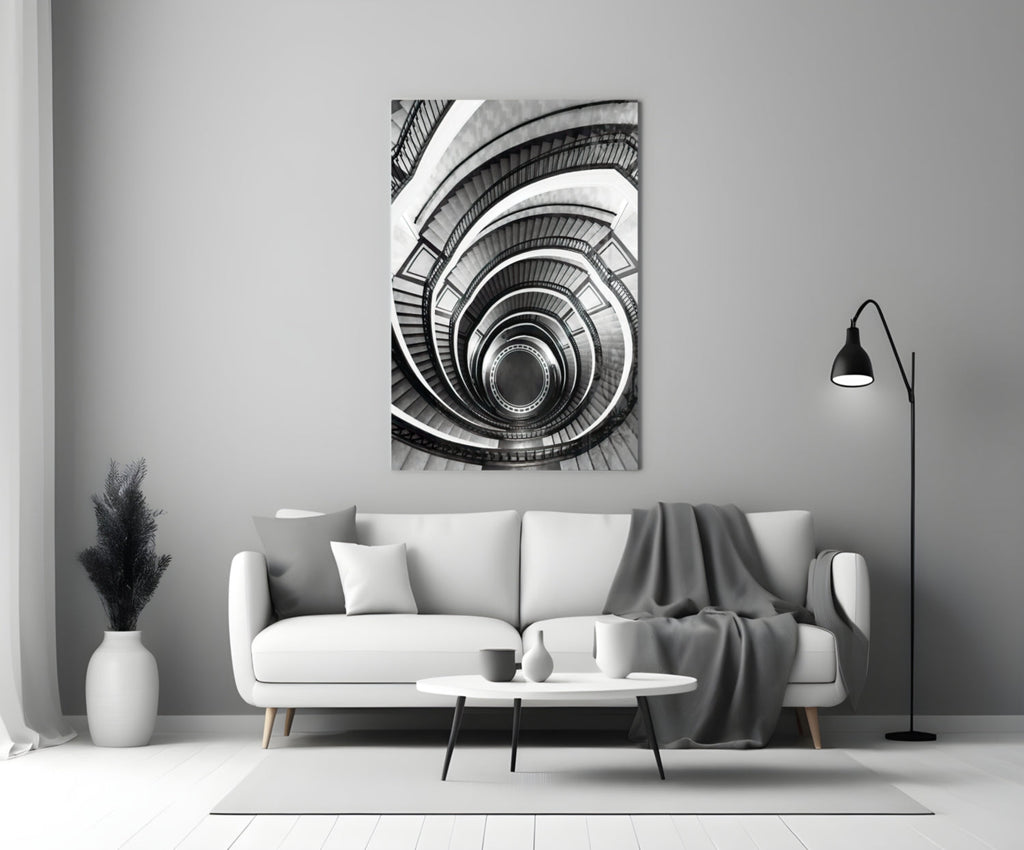 Monochrome Spiral Staircase From Above Glass Wall Art