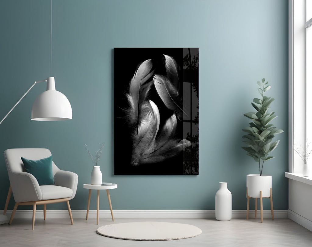Silver Feather Cluster Black Glass Wall Art