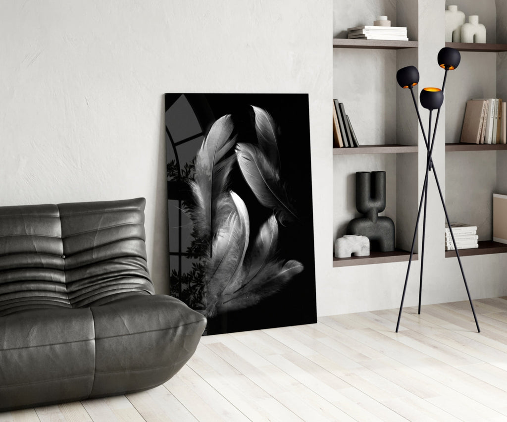 Silver Feather Cluster Black Glass Wall Art