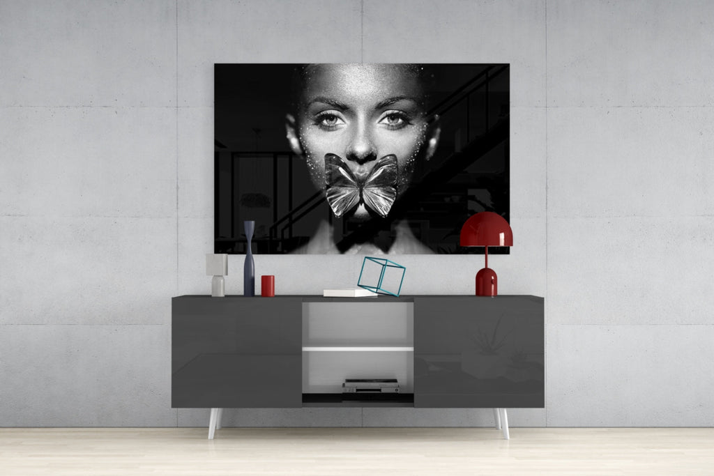 Silver Butterfly Over Lips Portrait Glass Wall Art