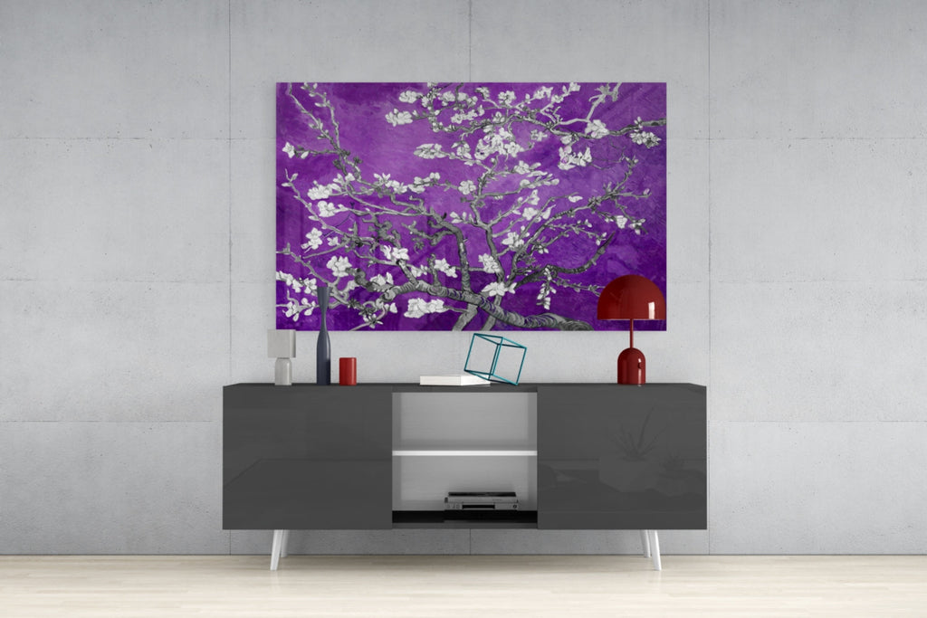 White Blossoms on Vivid Purple Glass Wall Art