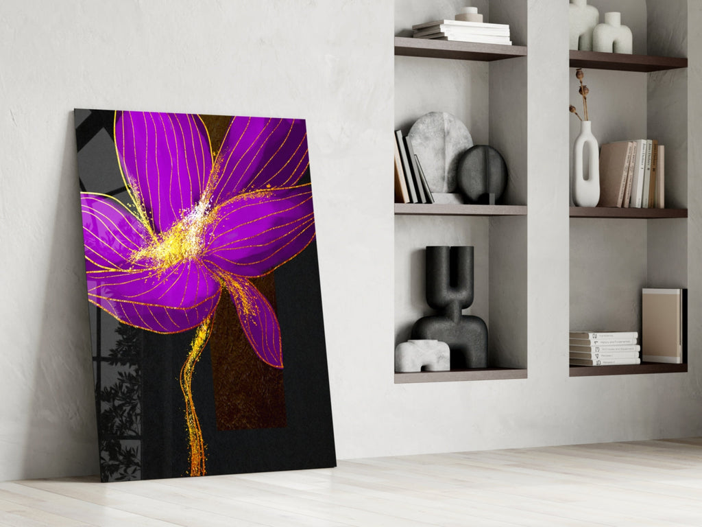 Neon Purple Flower With Gold Splash Glass Wall Art