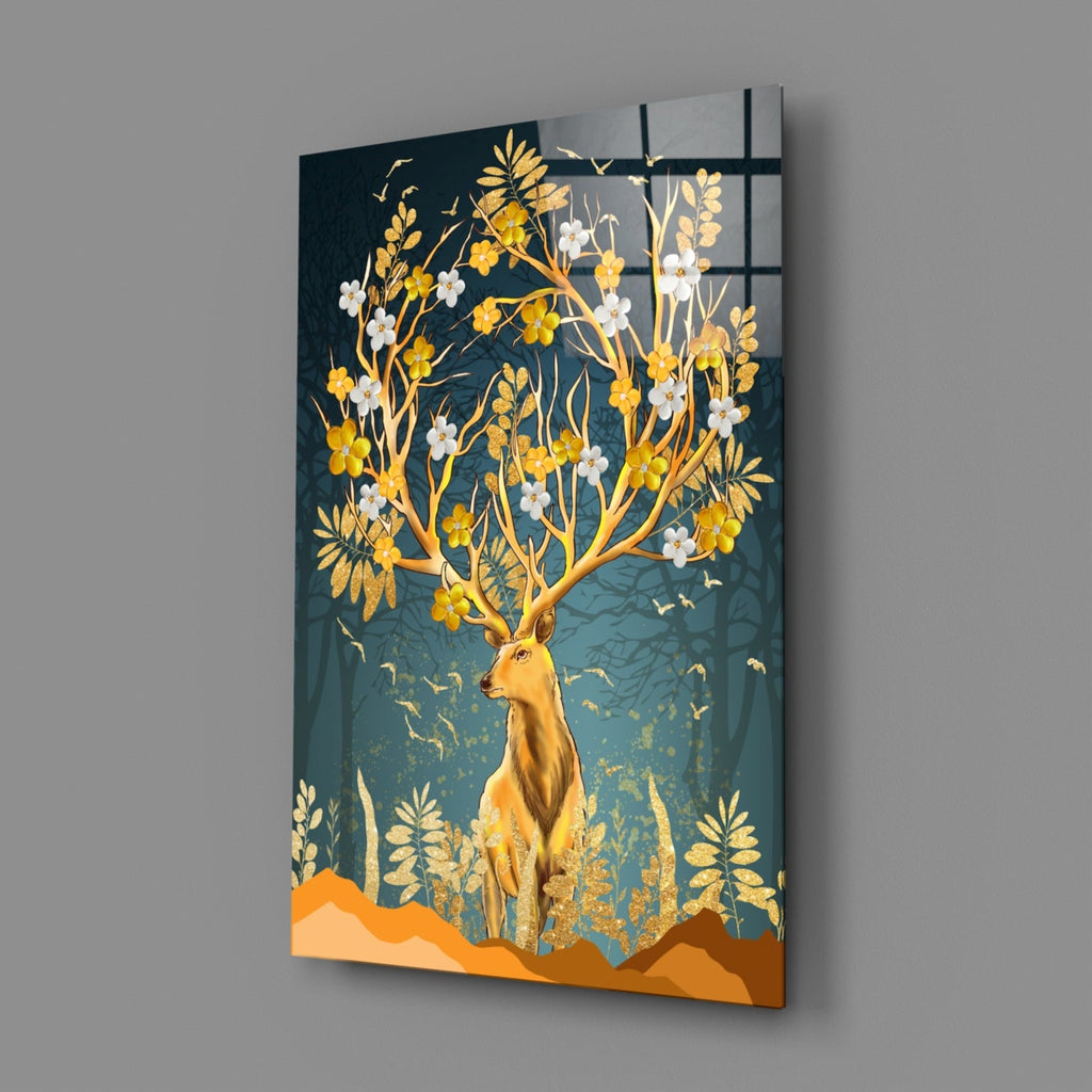 Golden Floral Antler Stag Glass Wall Art