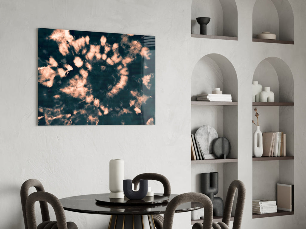 Peach Dandelion Spiral Navy Glass Wall Art