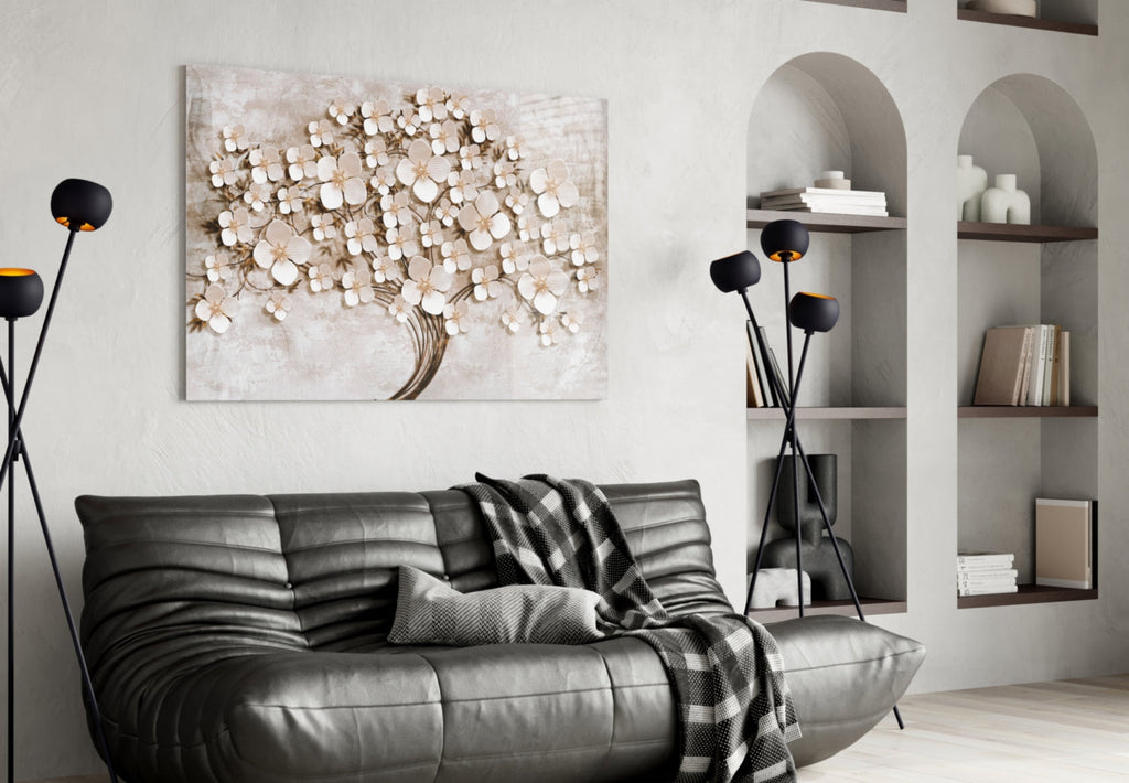 Cream Petals Beige Blossom Tree of Life Glass Wall Art