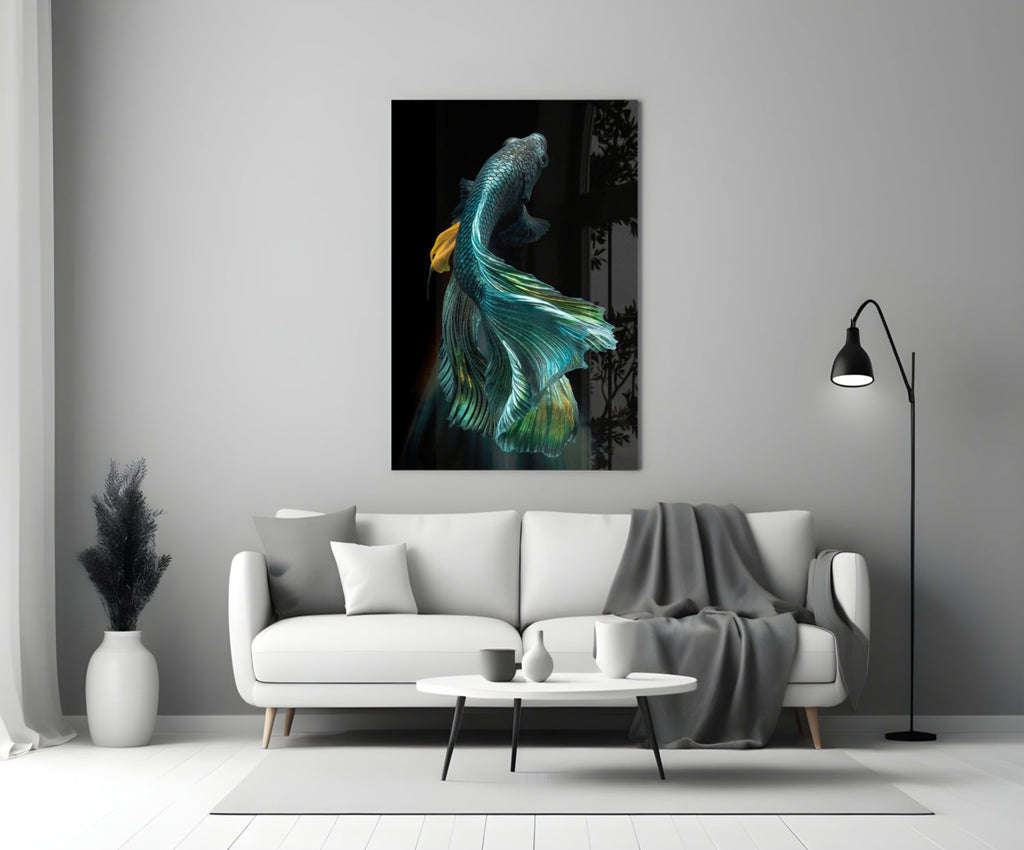 Teal and Gold Betta Fish on Black Glass Wall Art