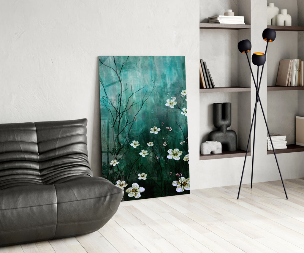 Emerald Green Misty Blossom Branch Glass Wall Art