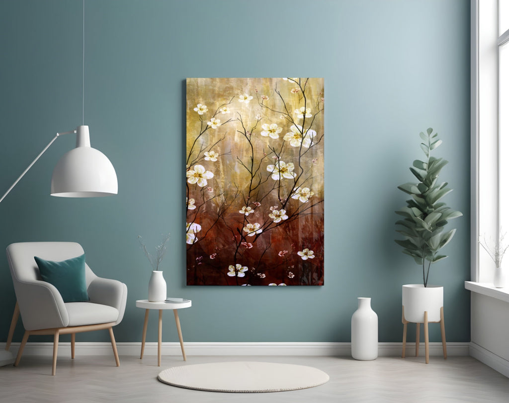 Amber Brown Blossom Branch Panel Glass Wall Art