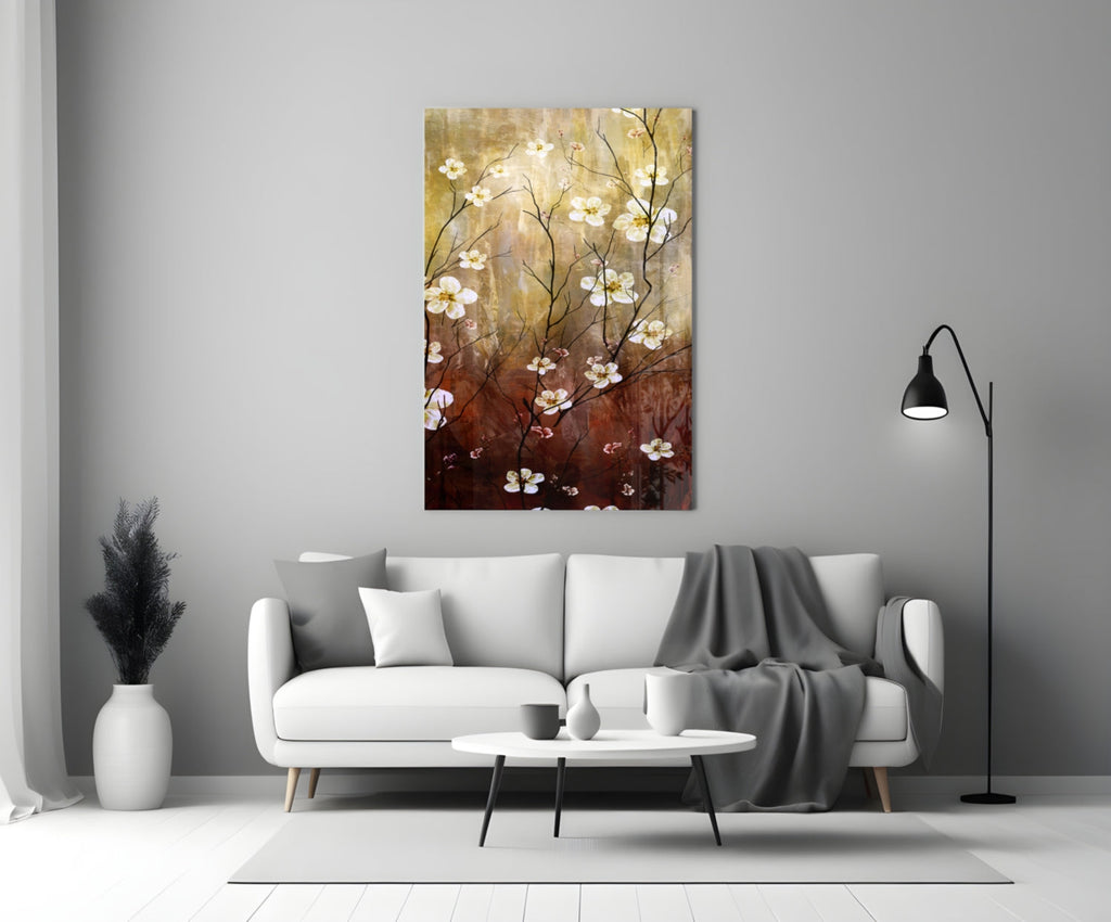 Amber Brown Blossom Branch Panel Glass Wall Art