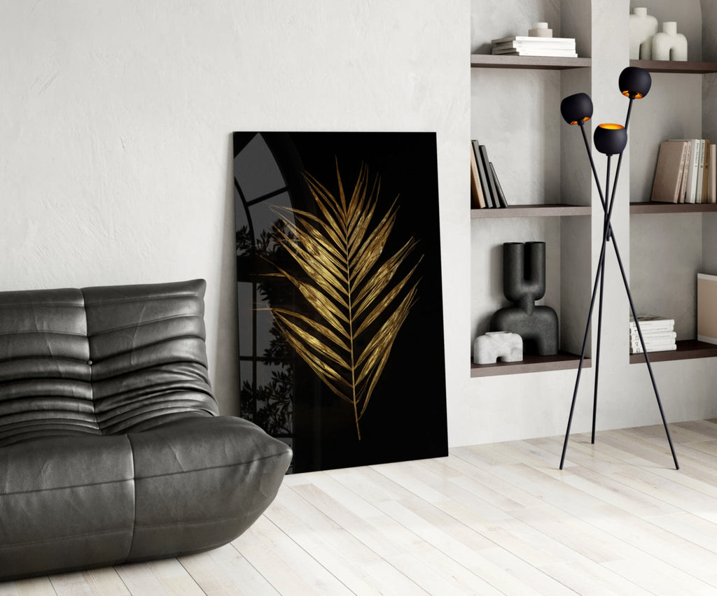 Golden Palm Leaf Black Glass Wall Art