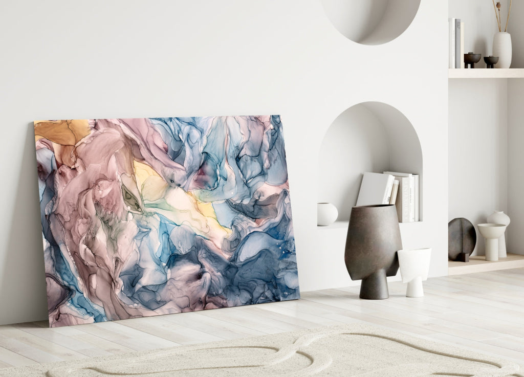 Pastel Blue Pink Ink Flow Glass Wall Art