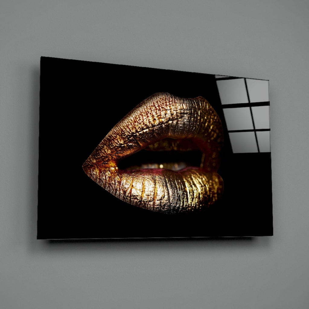Golden Parted Lips on Black Glass Wall Art