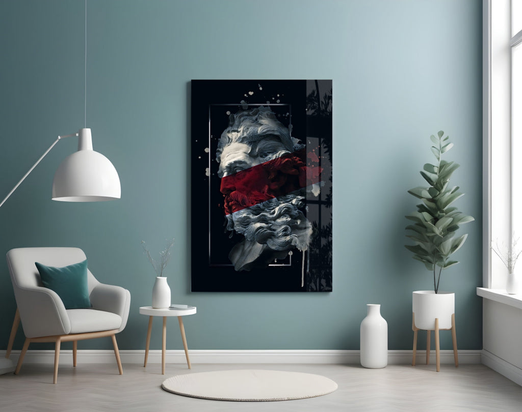 Crimson Paint Stripe Poseidon Bust Glass Wall Art