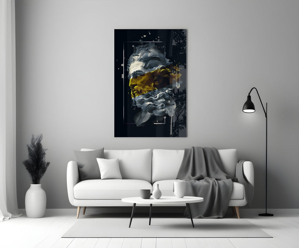 Gold Paint Stripe Poseidon Bust Glass Wall Art