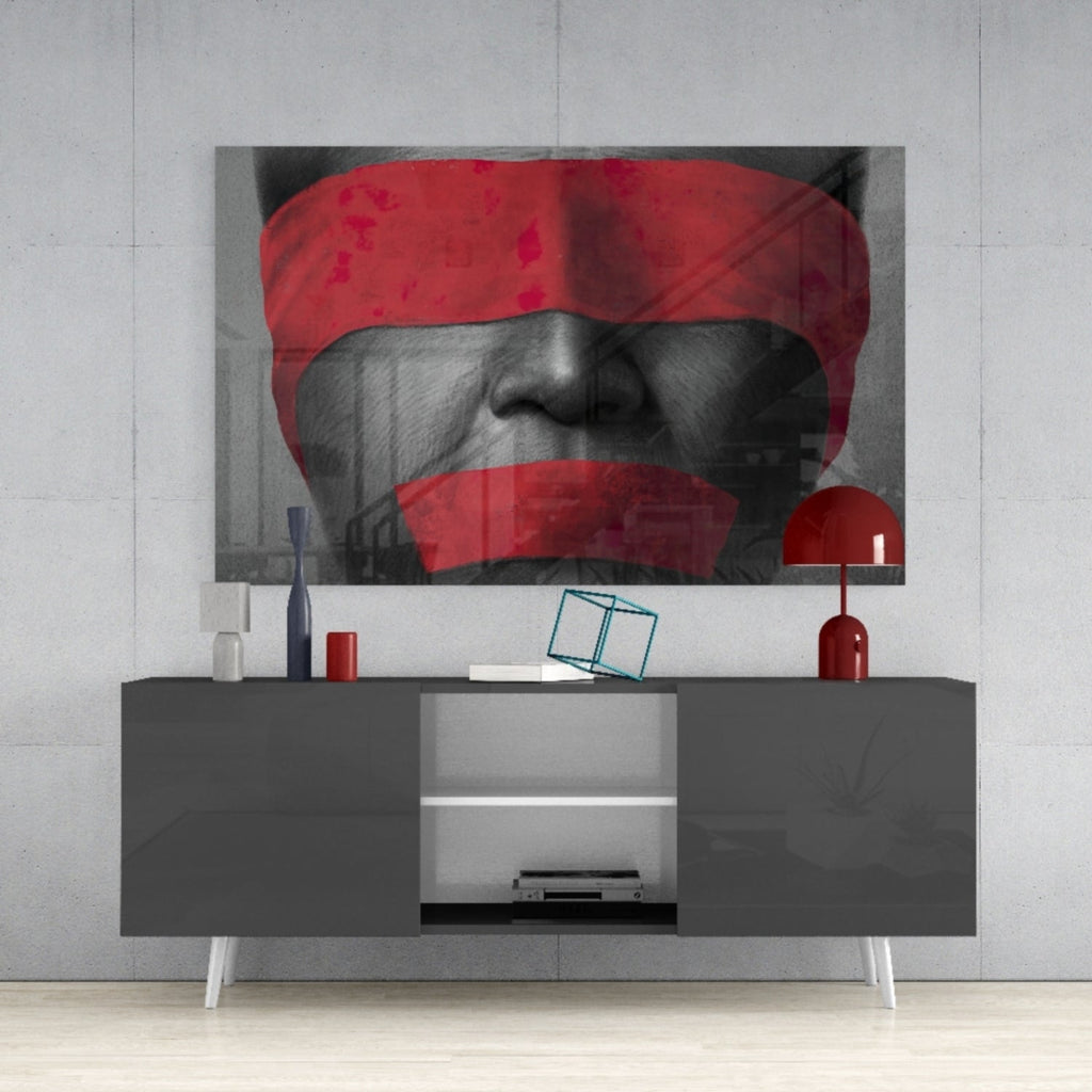 Red Blindfold and Taped Mouth Portrait Glass Wall Art