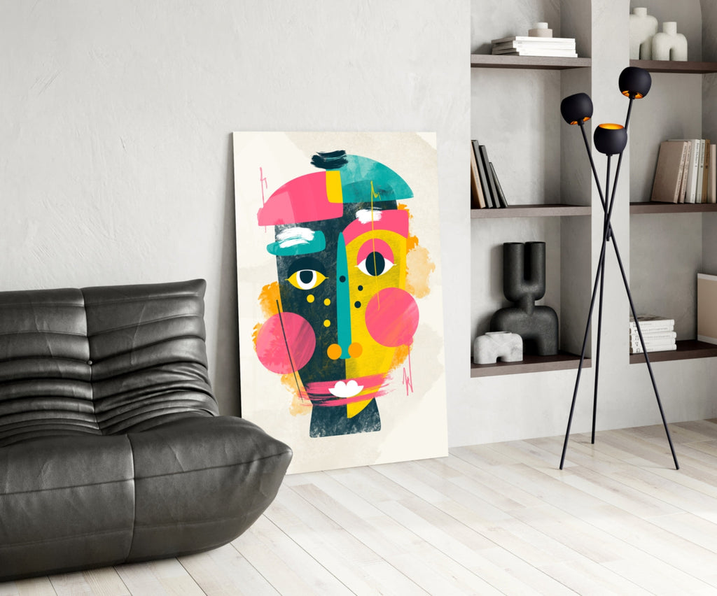 Pink Yellow Collage Cubist Face Glass Wall Art