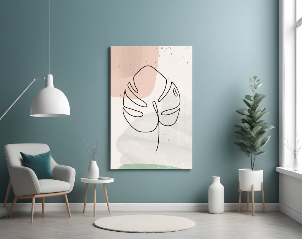 Monstera Line Blush Sage Glass Wall Art