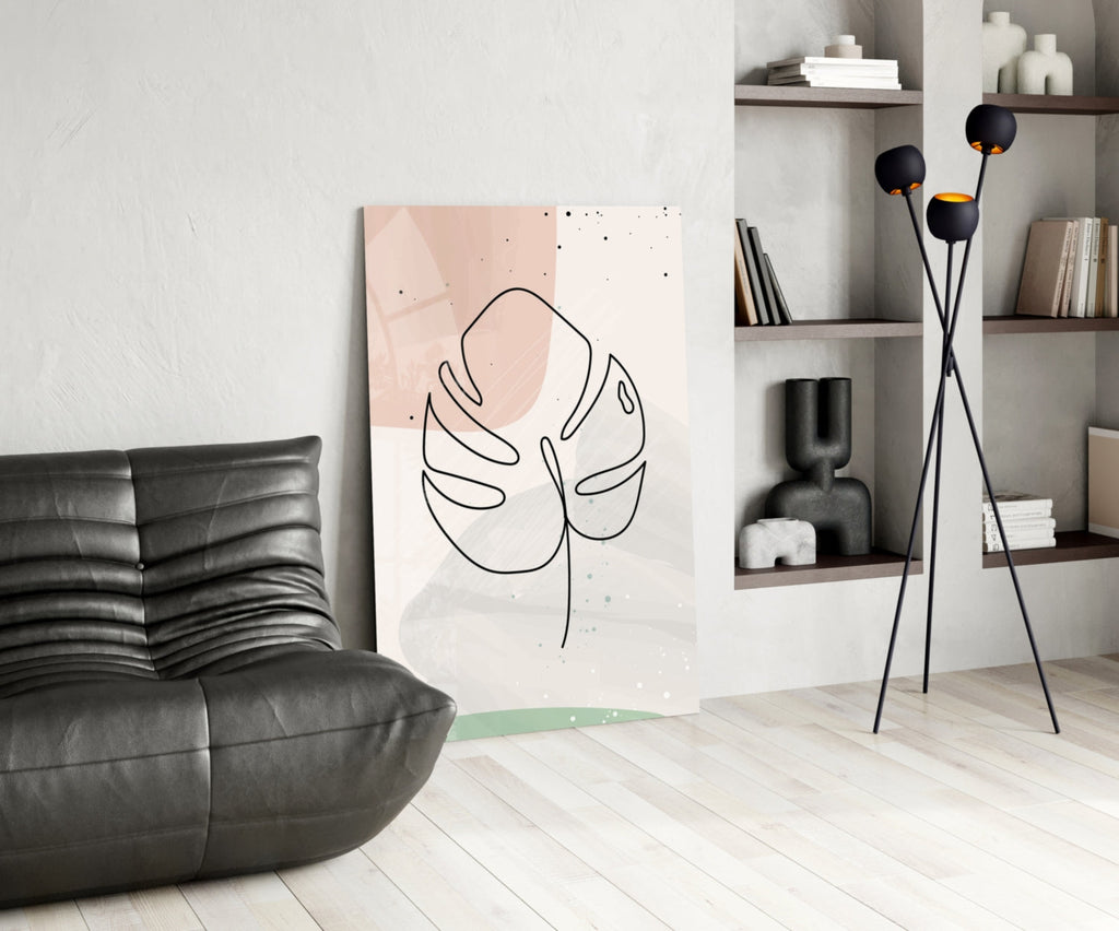 Monstera Line Blush Sage Glass Wall Art