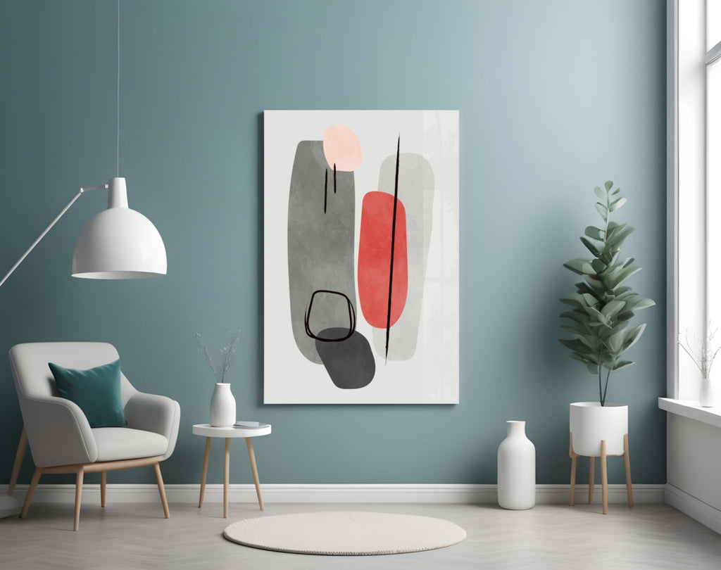 Grey Red Pebble Ovals Line Loops Glass Wall Art