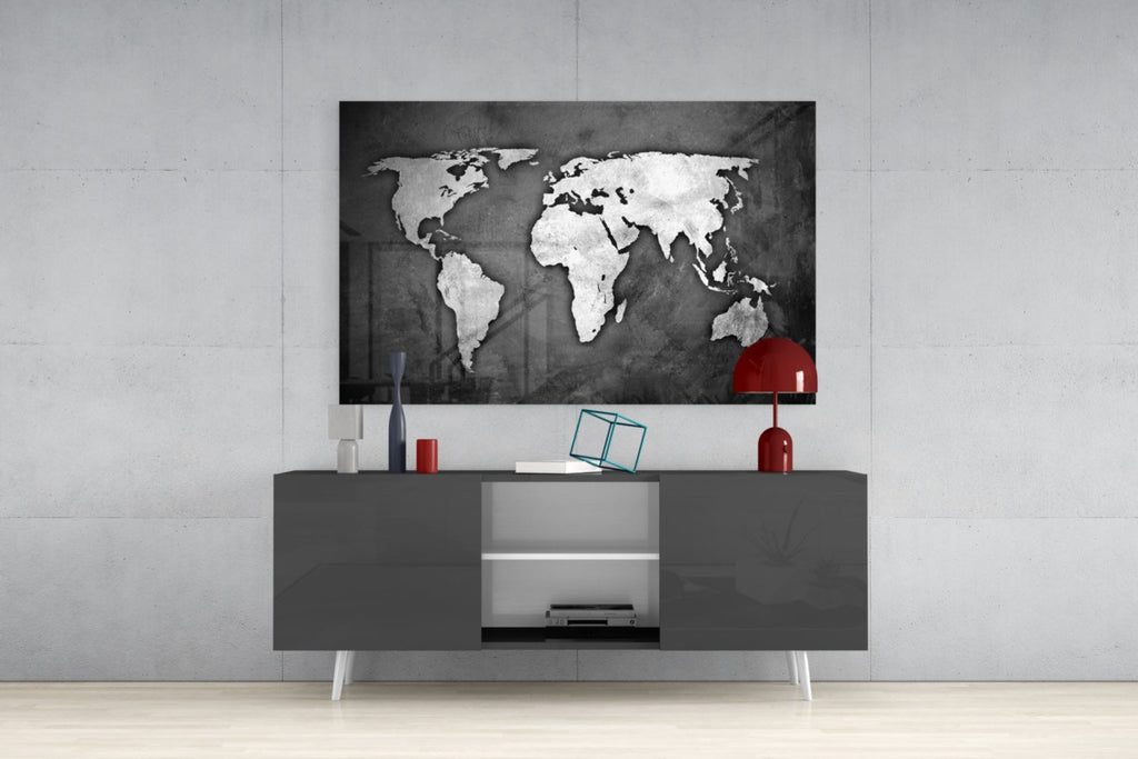 Silver Foil World Map Dark Glass Wall Art
