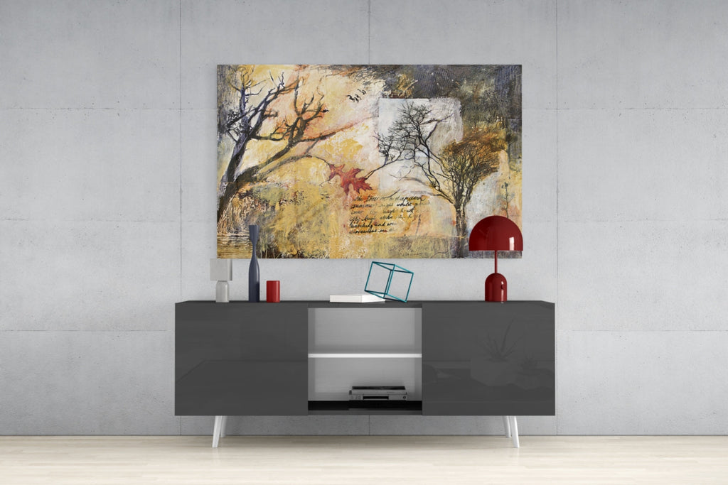 Bare Trees Autumn Collage Script Glass Wall Art