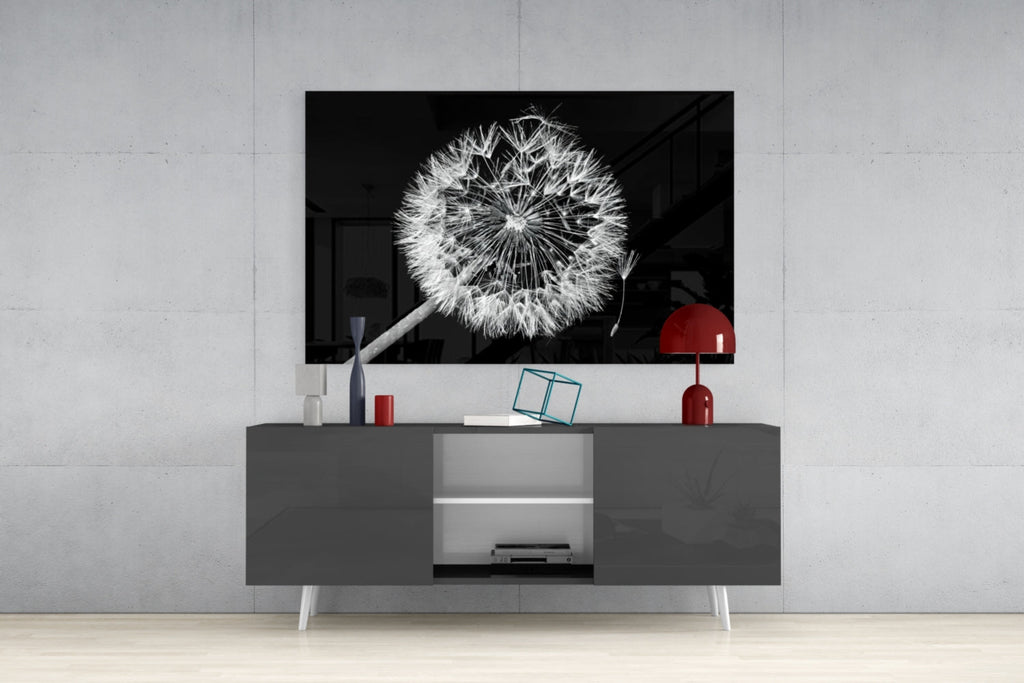 Dandelion Seeds Drifting Black Glass Wall Art