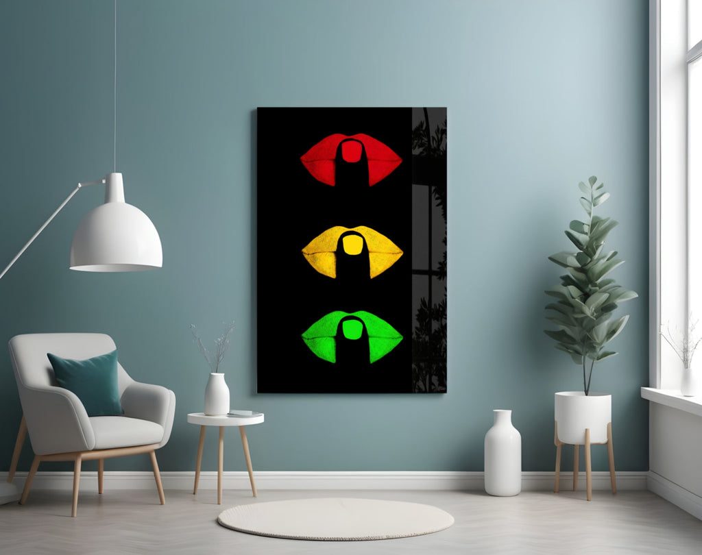 Traffic Light Lips On Black Glass Wall Art