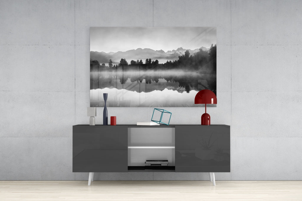 Misty Monochrome Lake Mirror Glass Wall Art