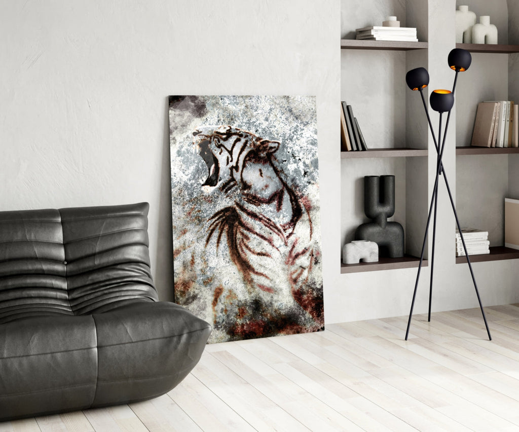 Grunge Roaring Tiger Glass Wall Art