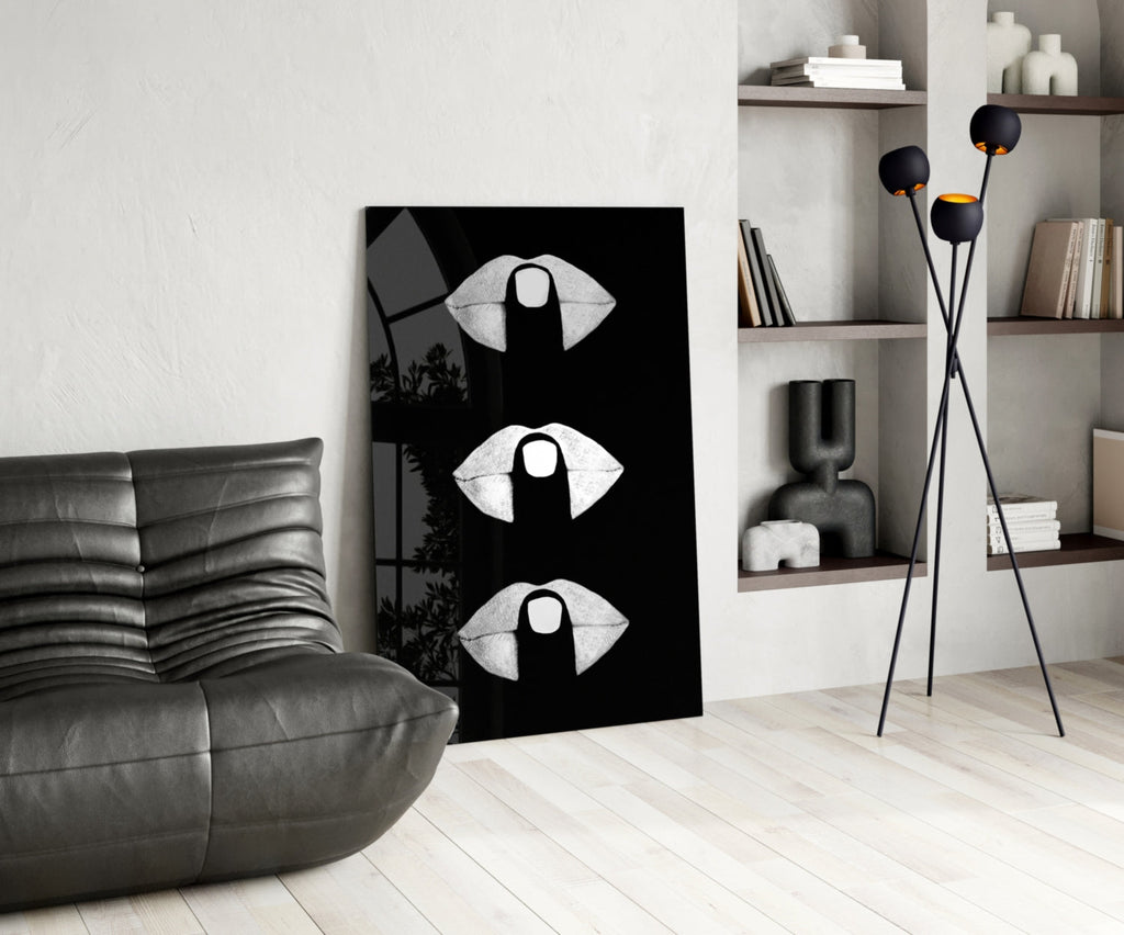 White Lips Trio on Black Glass Wall Art