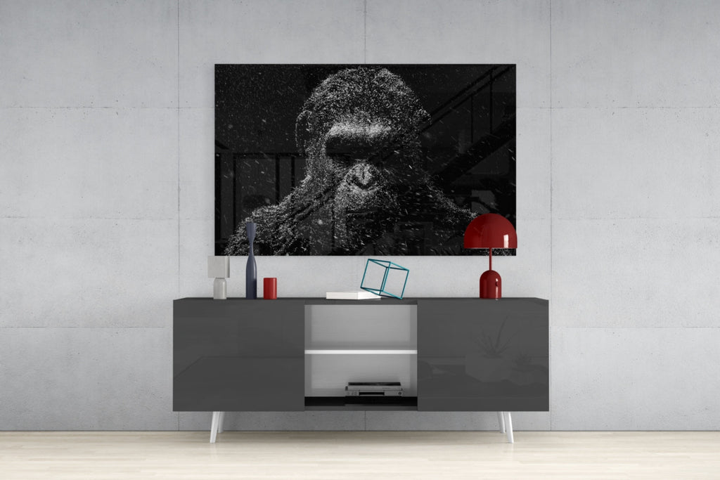 Dark Gorilla In Silver Rain Glass Wall Art