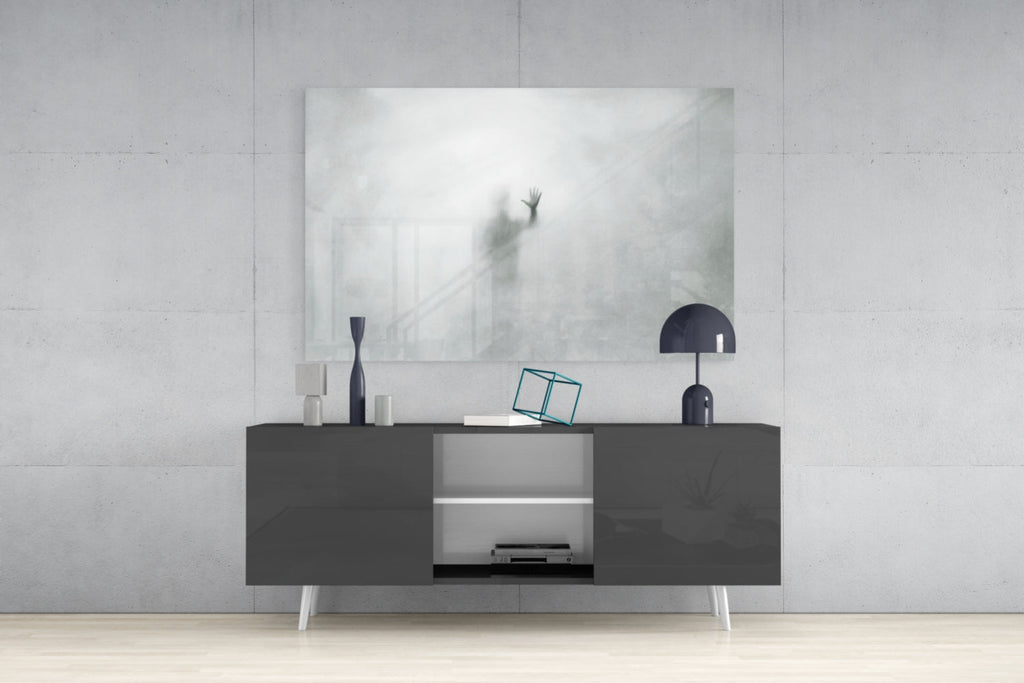 Foggy Pane Reaching Hand Grey Glass Wall Art