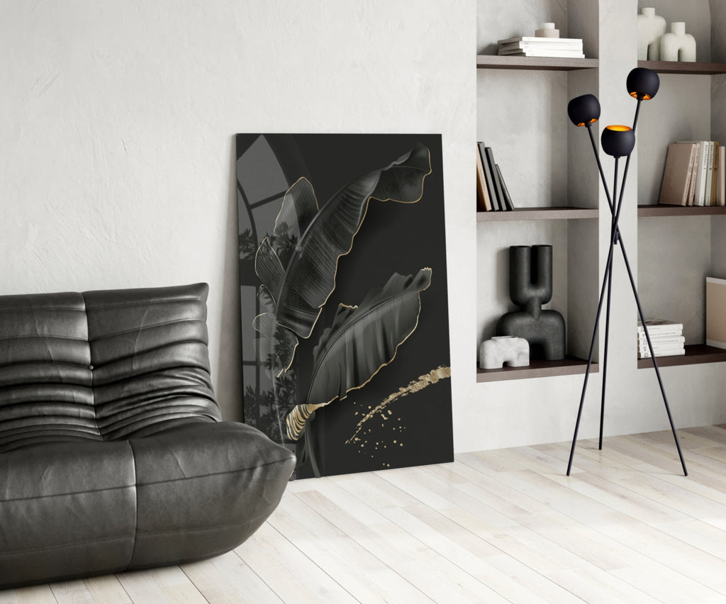 Golden Outline Black Leaves Glass Wall Art