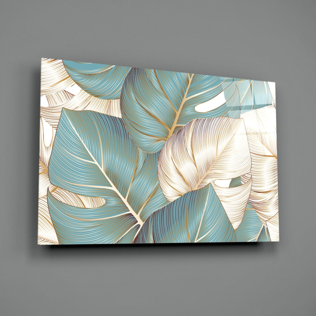 Teal Gold Tropical Leaves Glass Wall Art
