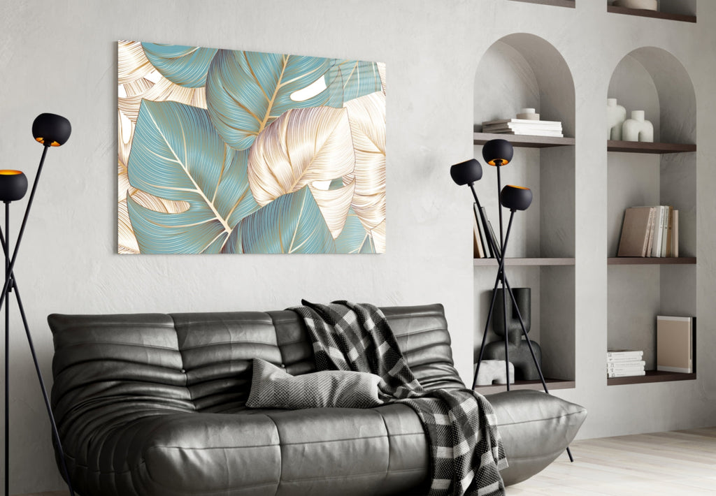 Teal Gold Tropical Leaves Glass Wall Art