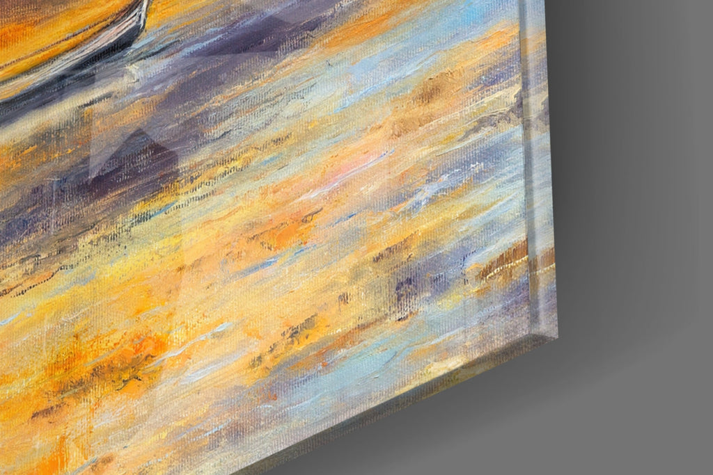 Golden Sunset Rowboats Oil Painting Glass Wall Art