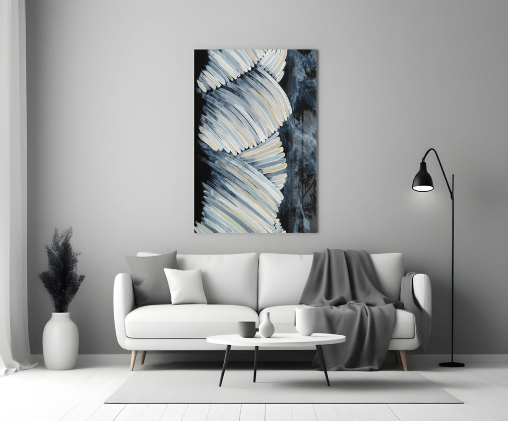 Cream Feather Wings Navy Glass Wall Art