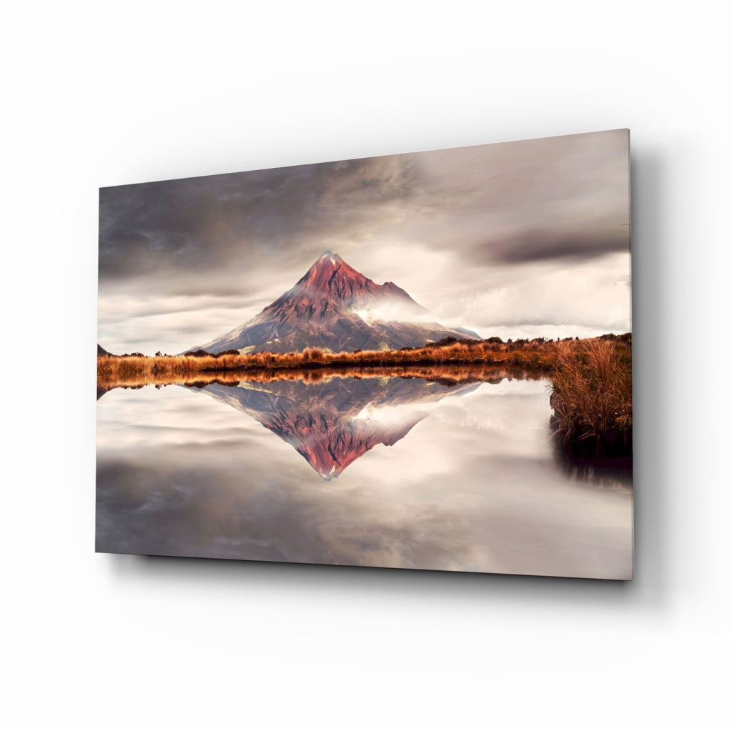 Rust Red Peak Mirrored in Still Lake Glass Wall Art