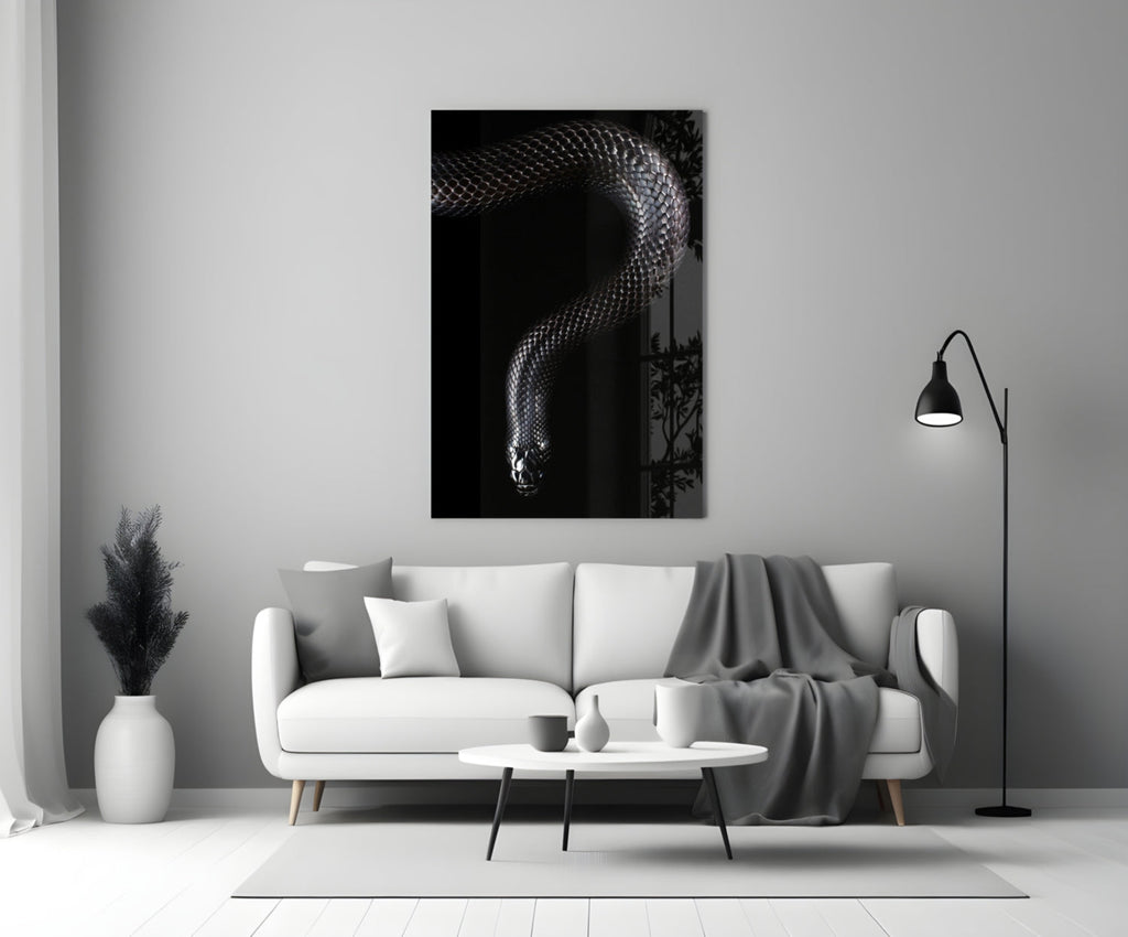 Silver Scaled Snake Descending Dark Glass Wall Art