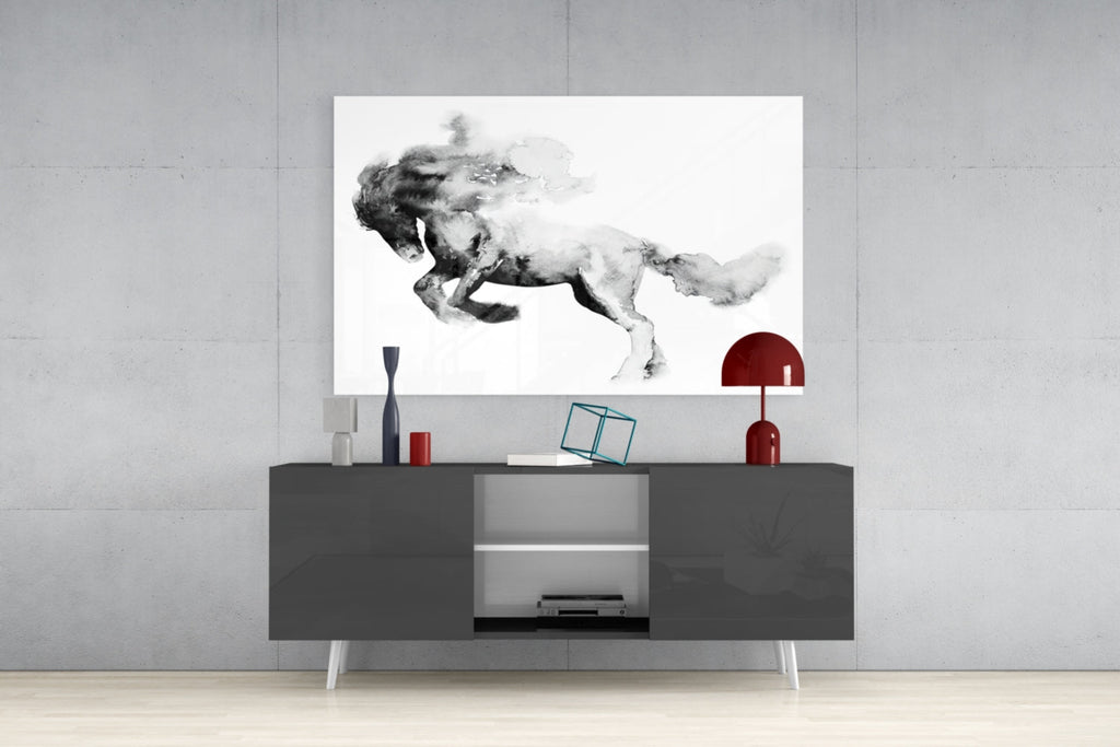 Ink Smoke Galloping Horse Glass Wall Art