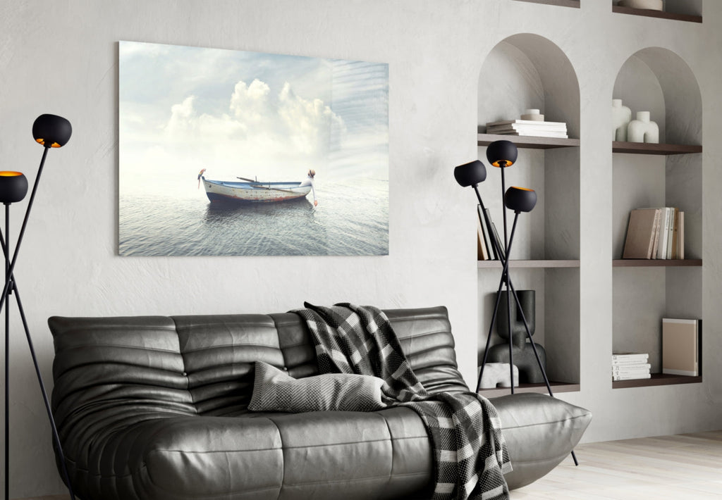 Misty Ocean Rowboat And Macaw Glass Wall Art
