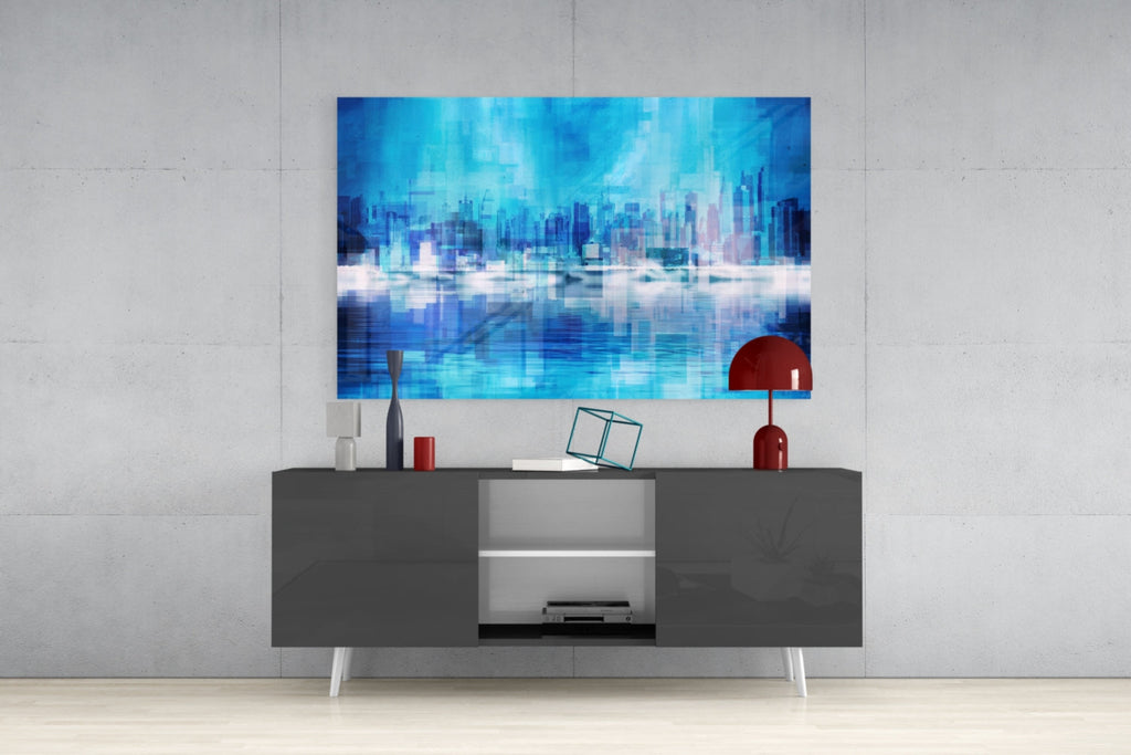 Blue City Skyline Reflection Glass Wall Art