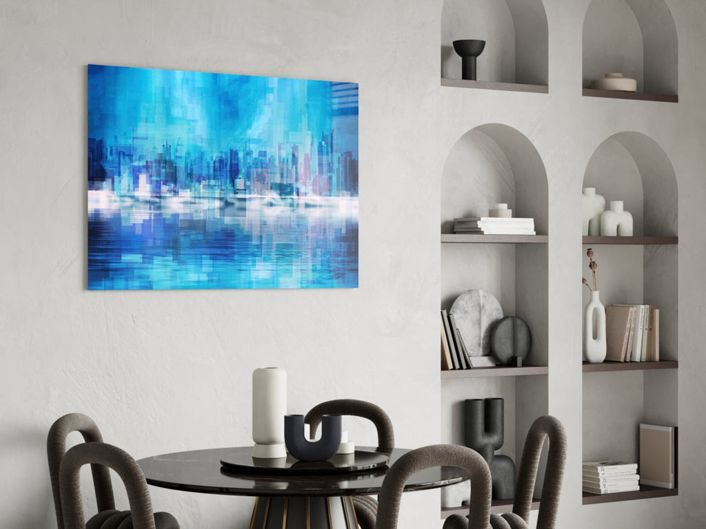 Blue City Skyline Reflection Glass Wall Art
