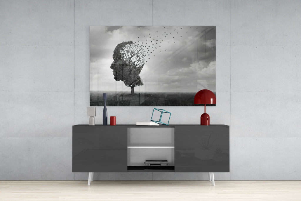 Head Tree Birds Leaving Branches Glass Wall Art