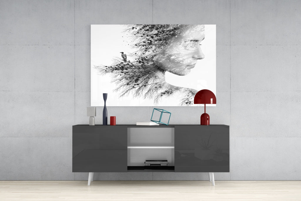 Black And White Tree Branch Woman Profile Glass Wall Art