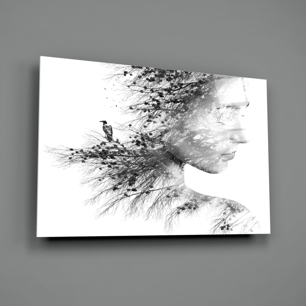 Black And White Tree Branch Woman Profile Glass Wall Art