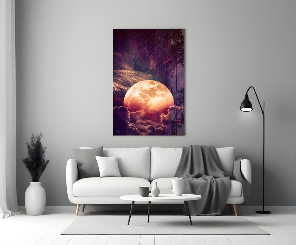 Copper Full Moon Above Clouds Glass Wall Art