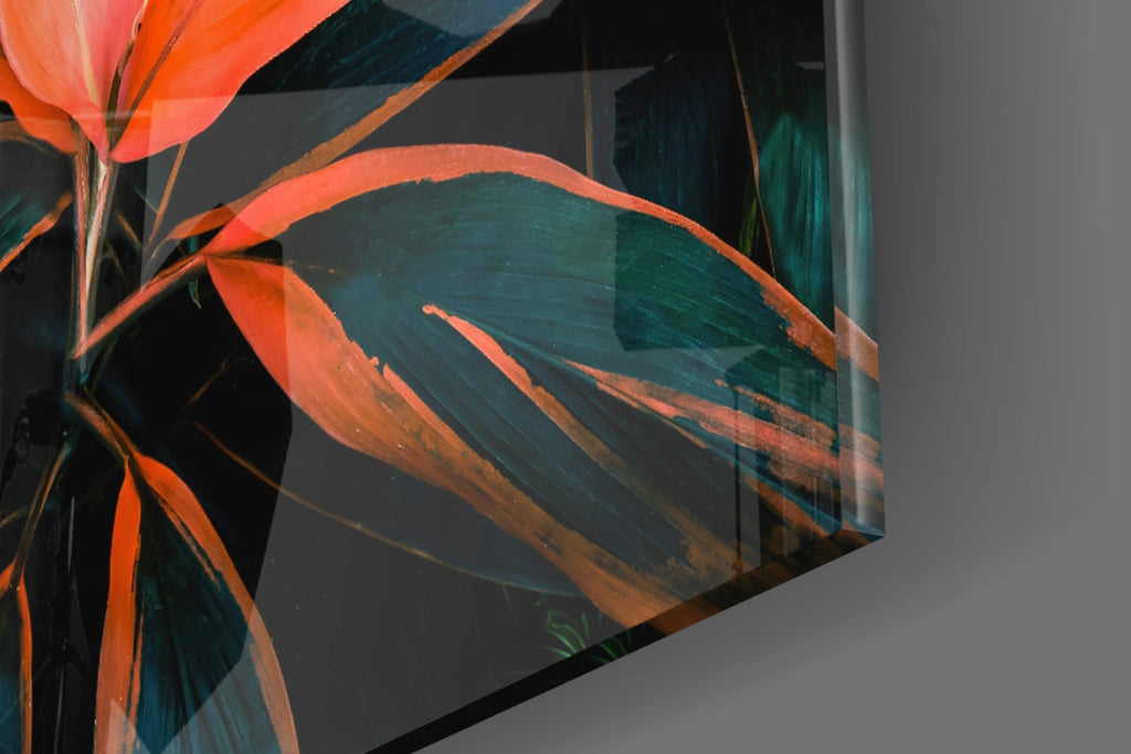 Coral Tropical Leaves Glass Wall Art