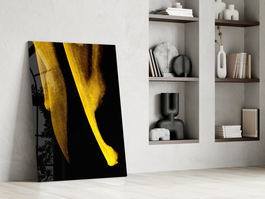 Minimal Yellow Curved Forms On Black Glass Wall Art